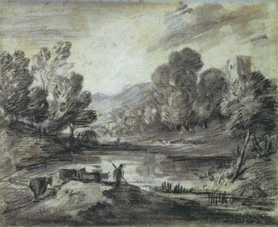 丘陵の風景、c.1775-80（青い紙に黒いチョーク、切り株、白いチョーク） 作： Thomas Gainsborough